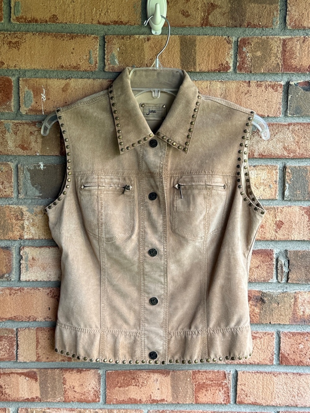 Y2K JUNE Suede Leather Studded Button Up Vest Tan Beige Boho Western Size Small